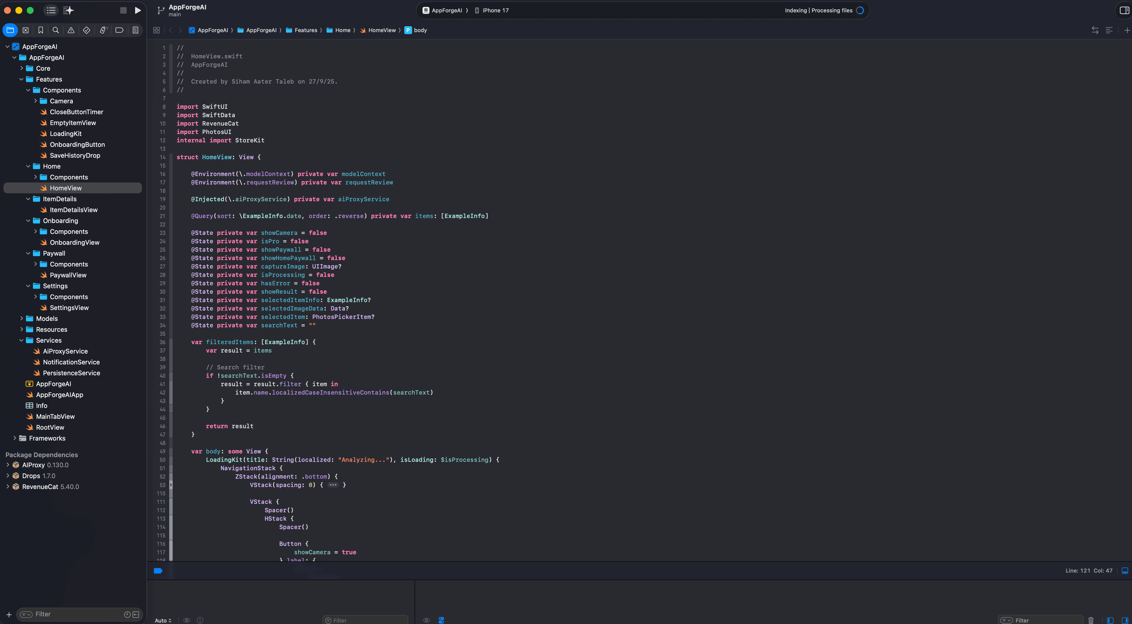 Xcode project structure showing organized folders and files